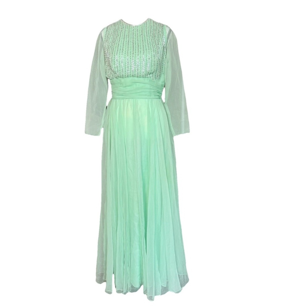 Vintage Jack Bryan Mint Green Beaded Sequin Evening Gown Dress SZ 12 Fairycore